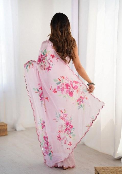 Multicolor Printed Chinon Saree Set