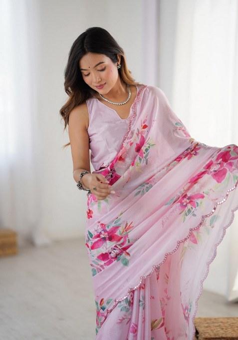 Multicolor Printed Chinon Saree Set