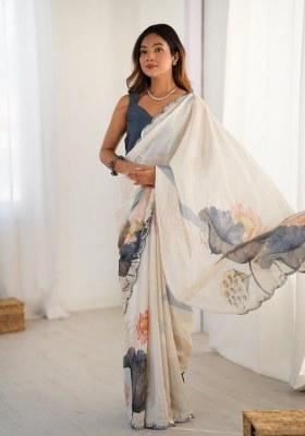 Multicolor Printed Chinon Saree Set