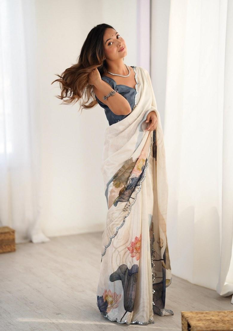 Multicolor Printed Chinon Saree Set