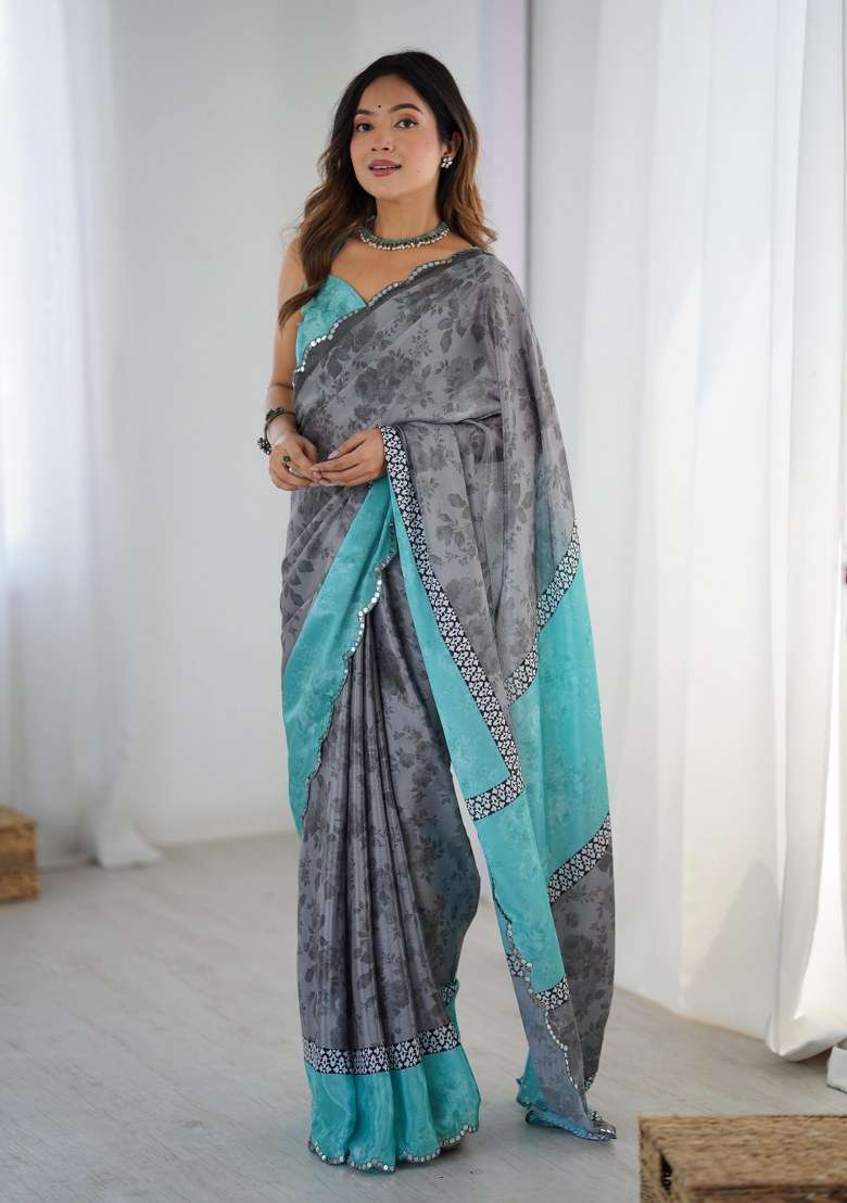 Multicolor Chinon Saree Set with Printed for Diwali | Wedding & Festive Wear - Indya