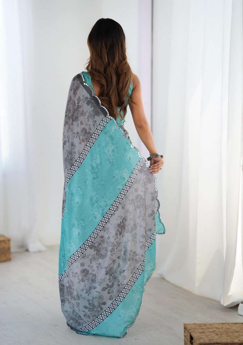 Multicolor Chinon Saree Set with Printed for Diwali | Wedding & Festive Wear - Indya