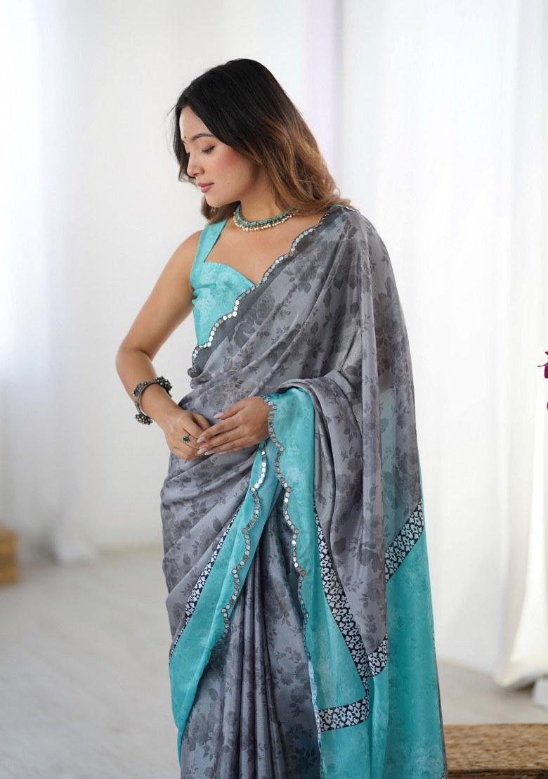 Multicolor Printed Chinon Saree Set - Indya