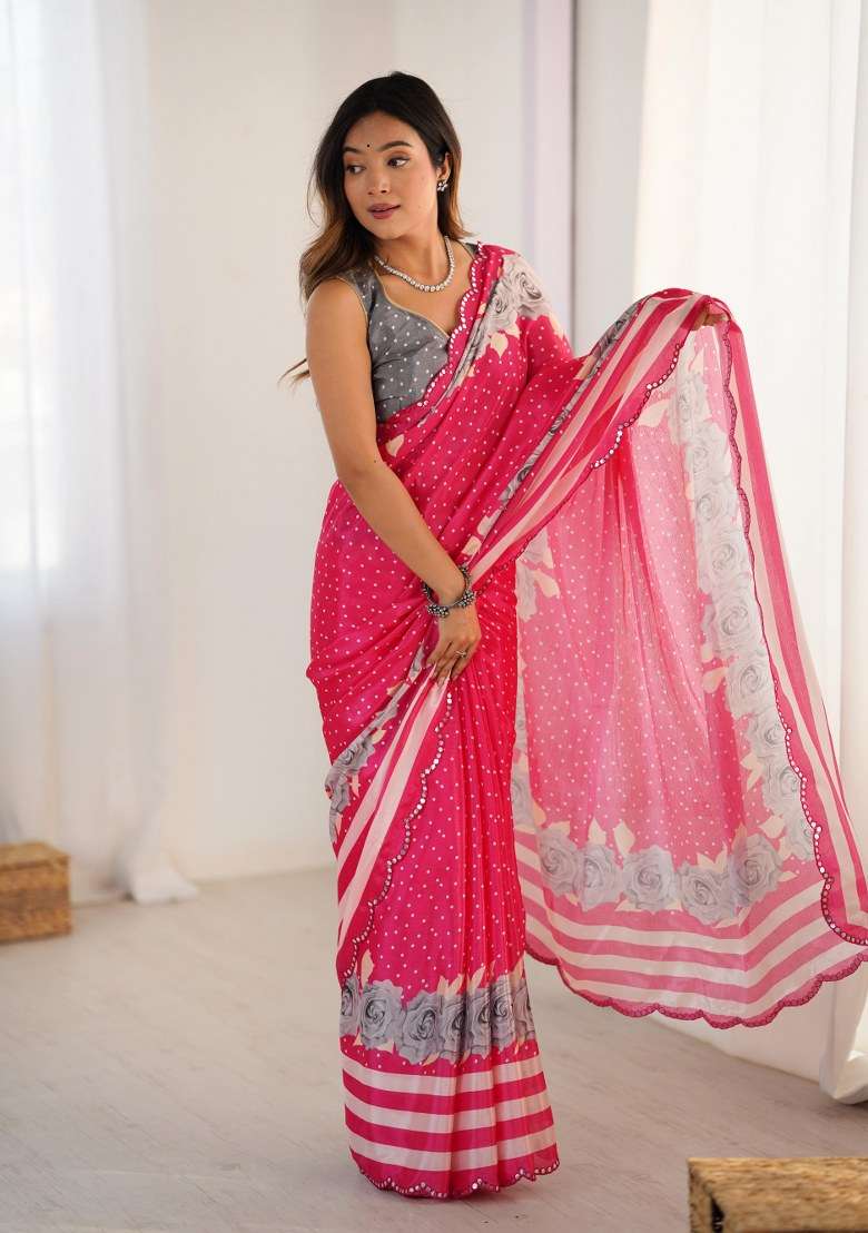 Multicolor Printed Chinon Saree Set for Diwali and Festive Wear - Indya