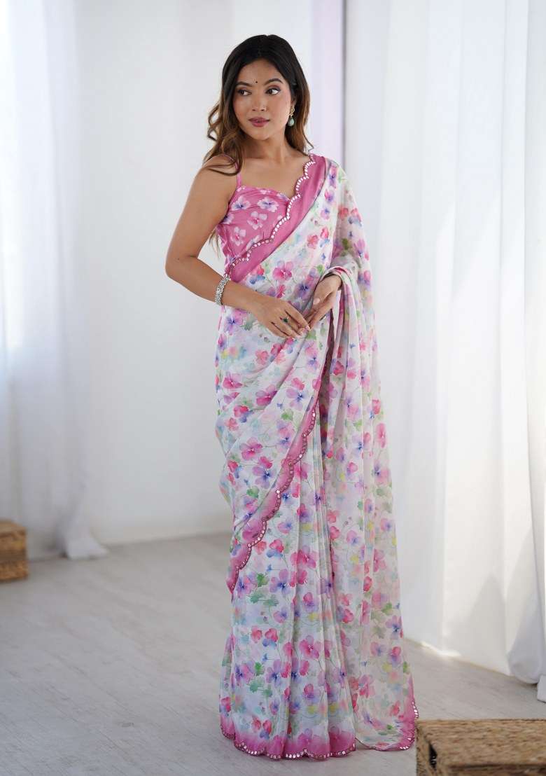 Multicolor Printed Chinon Saree Set for Diwali and Festive Wear - Indya