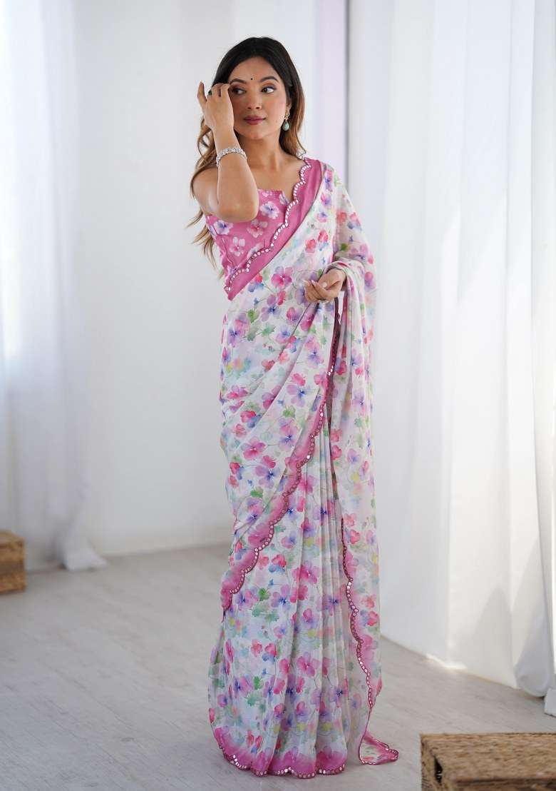 Multicolor Printed Chinon Saree Set for Diwali and Festive Wear - Indya
