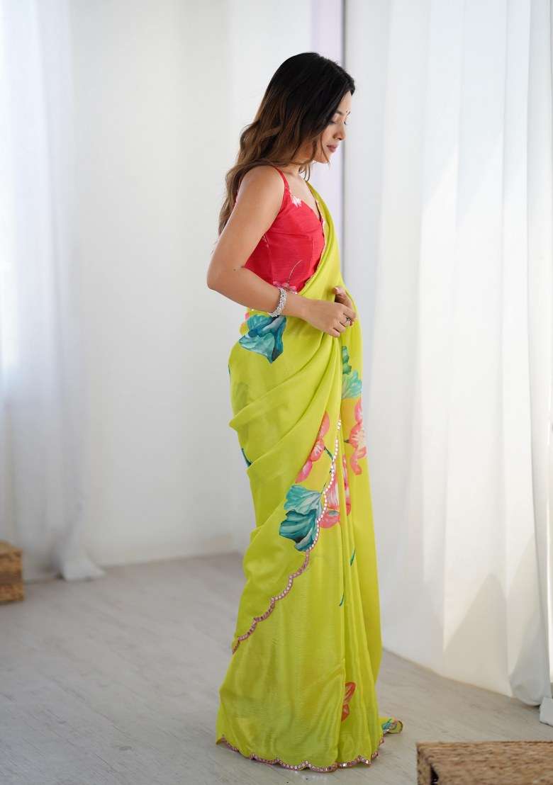 Multicolor Chinon Saree Set with Printed for Diwali | Wedding & Festive Wear - Indya