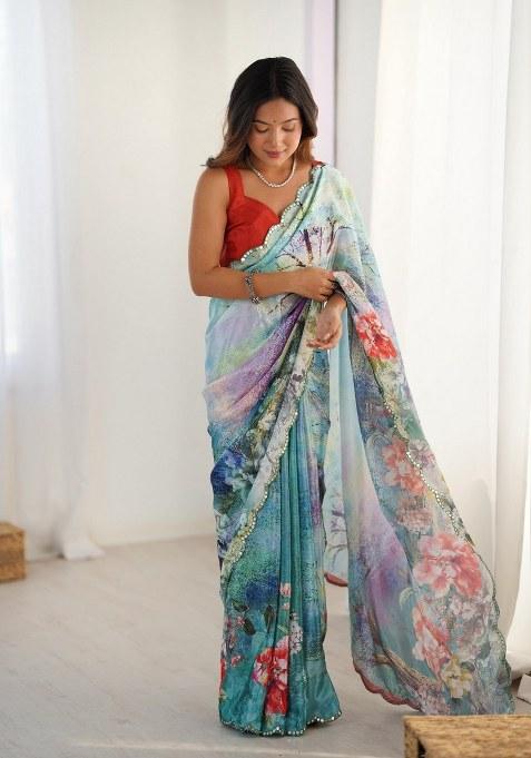 Multicolor Printed Chinon Saree Set