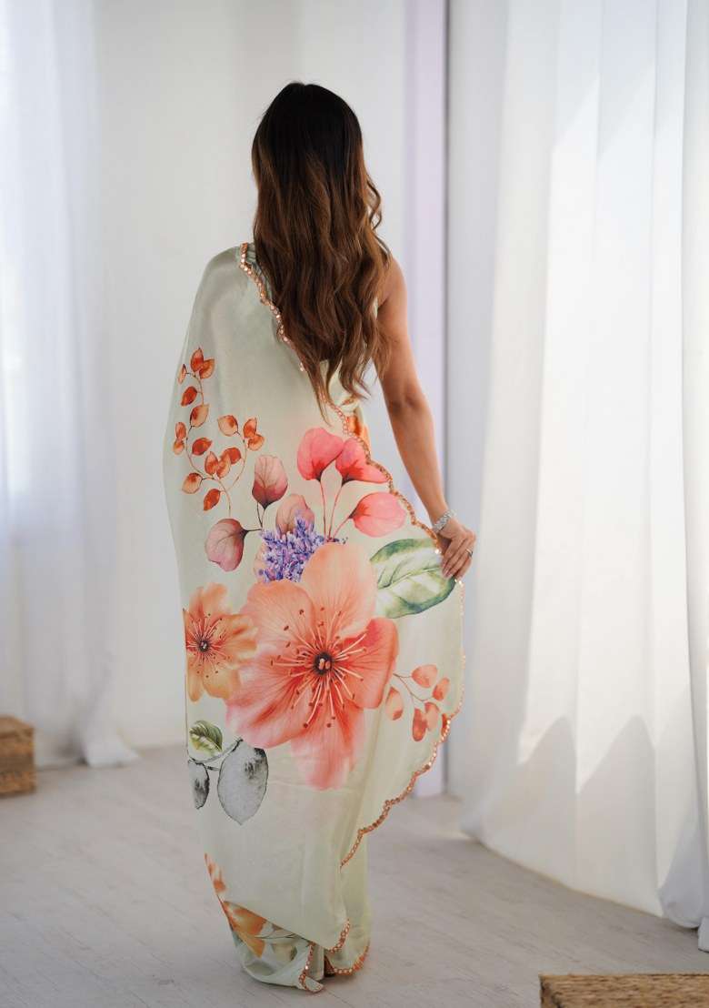 Multicolor Printed Chinon Saree Set for Diwali and Festive Wear - Indya