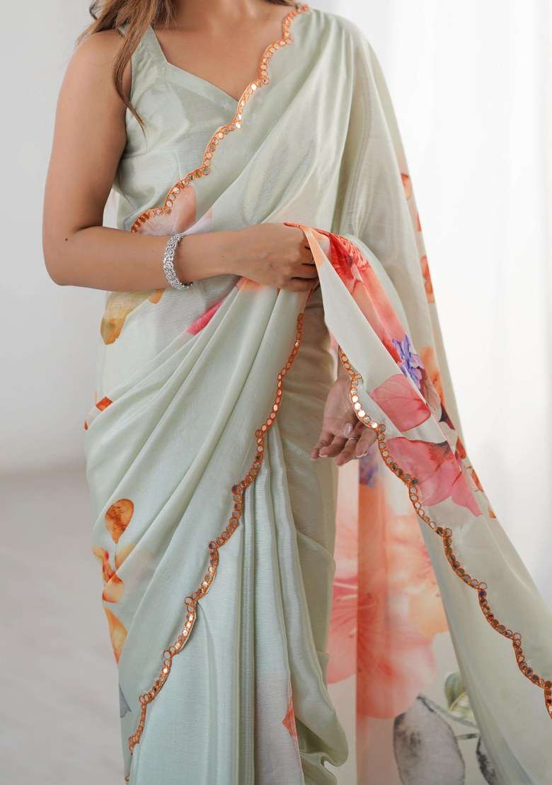 Multicolor Printed Chinon Saree Set for Diwali and Festive Wear - Indya