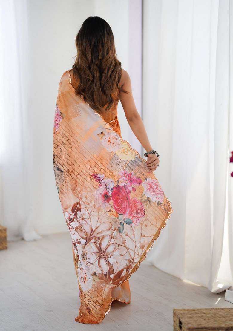 Multicolor Printed Chinon Saree Set for Diwali and Festive Wear - Indya
