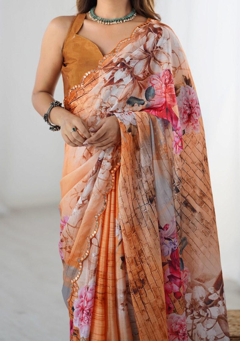 Multicolor Printed Chinon Saree Set - Indya