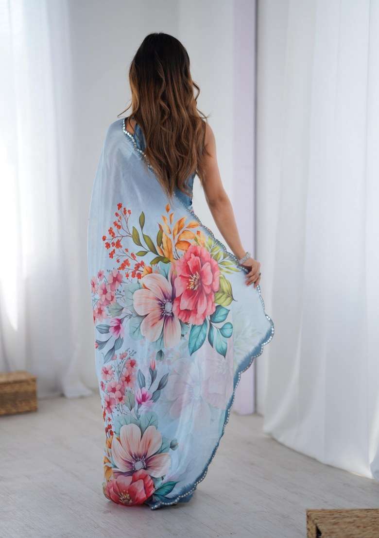 Multicolor Printed Chinon Saree Set for Diwali and Festive Wear - Indya