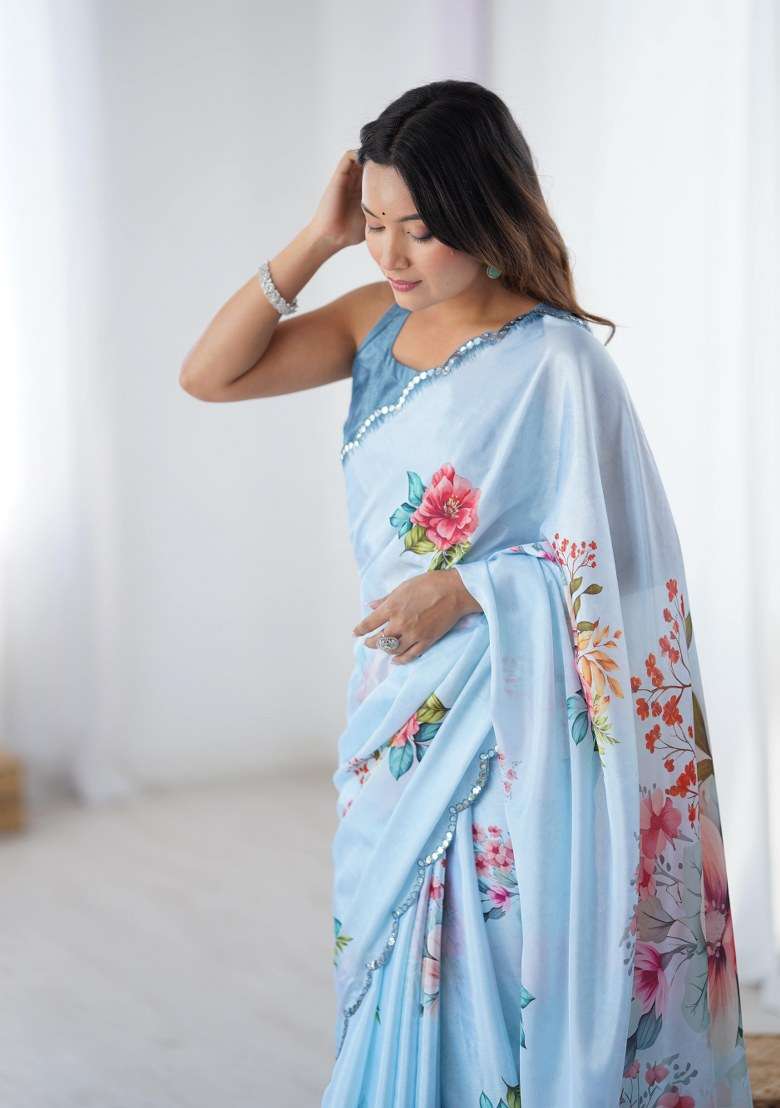 Multicolor Printed Chinon Saree Set for Diwali and Festive Wear - Indya