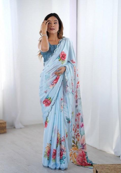 Multicolor Printed Chinon Saree Set