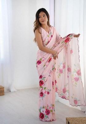 Multicolor Printed Chinon Saree Set