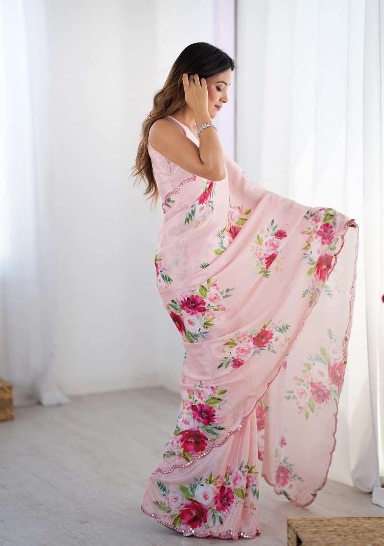 Multicolor Printed Chinon Saree Set for Diwali and Festive Wear - Indya