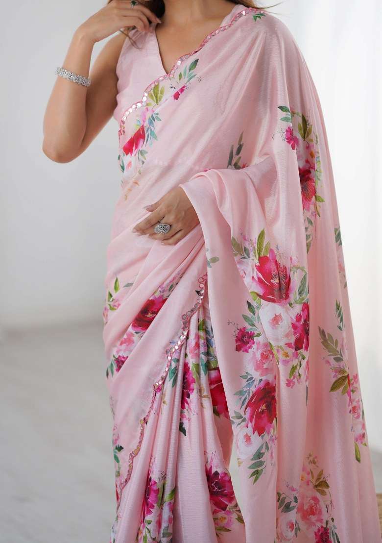 Multicolor Printed Chinon Saree Set for Diwali and Festive Wear - Indya