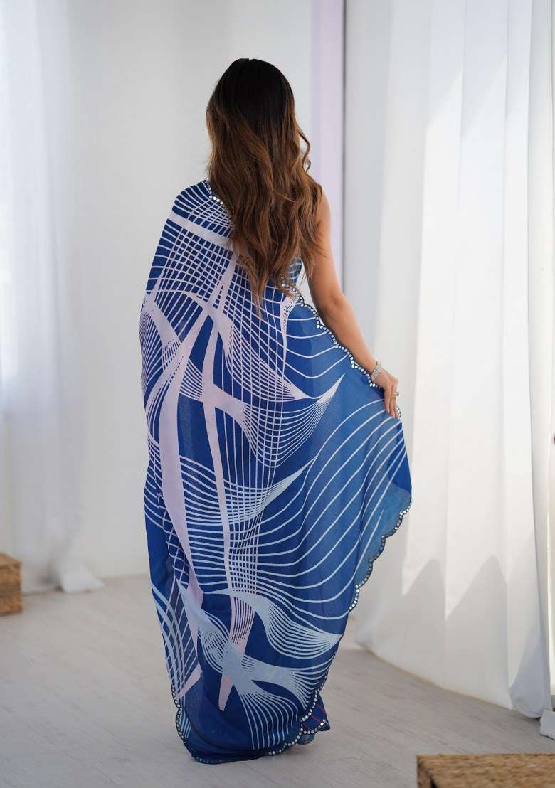 Multicolor Chinon Saree Set with Printed for Diwali | Wedding & Festive Wear - Indya