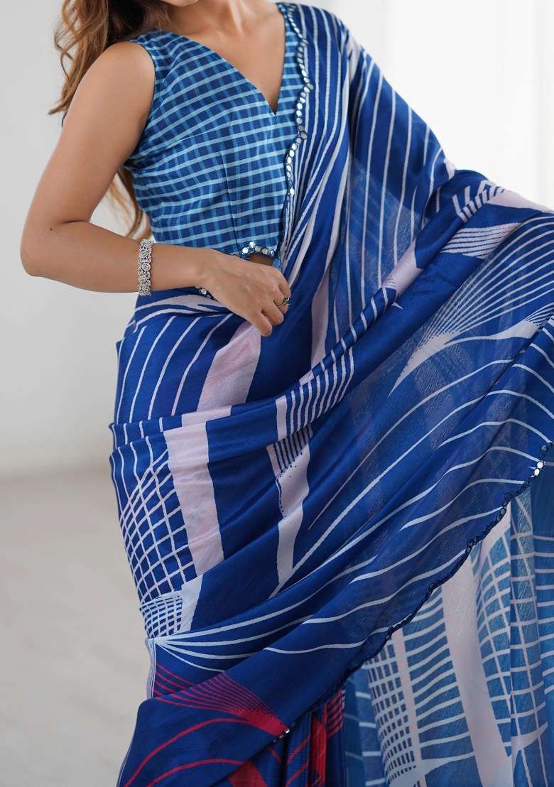 Multicolor Chinon Saree Set with Printed for Diwali | Wedding & Festive Wear - Indya
