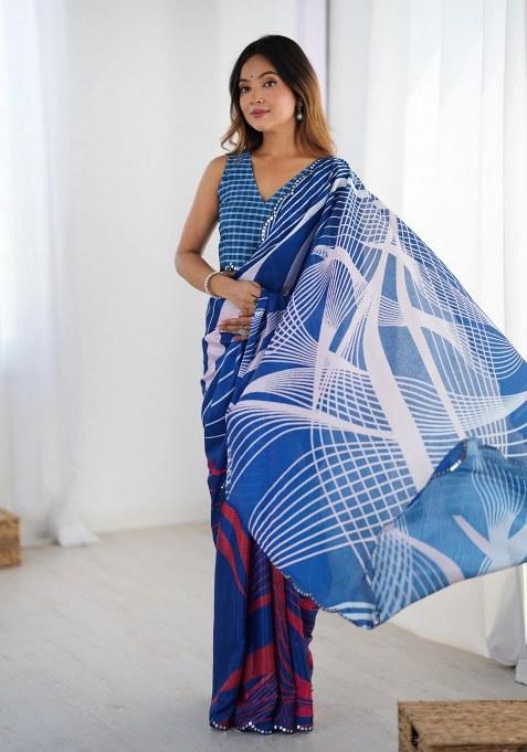 Multicolor Printed Chinon Saree Set