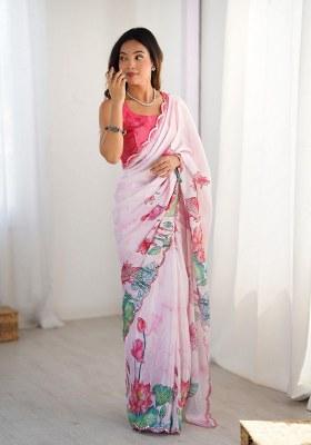 Multicolor Printed Chinon Saree Set