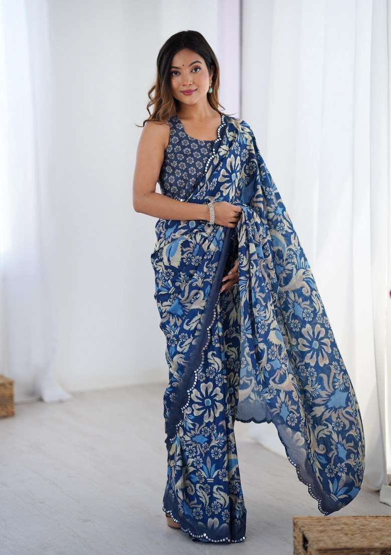 Multicolor Chinon Saree Set with Printed for Diwali | Wedding & Festive Wear - Indya