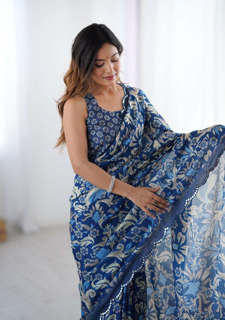 Multicolor Chinon Saree Set with Printed for Diwali | Wedding & Festive Wear - Indya