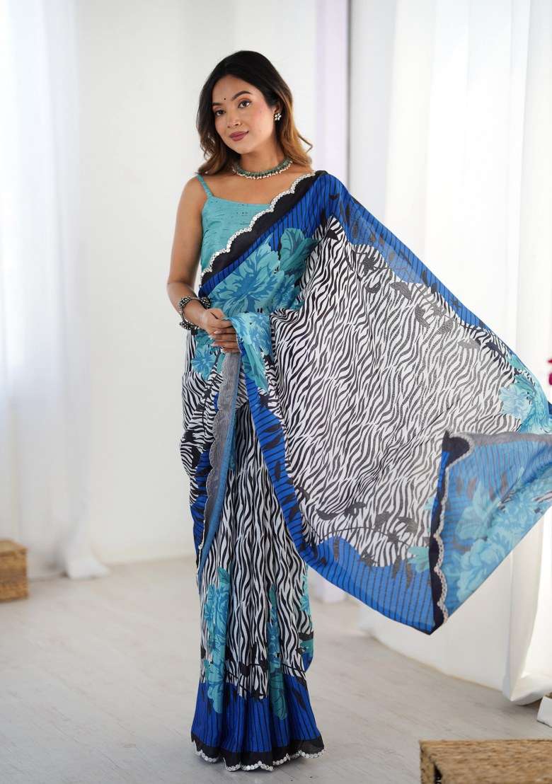 Multicolor Chinon Saree Set with Printed for Diwali | Wedding & Festive Wear - Indya