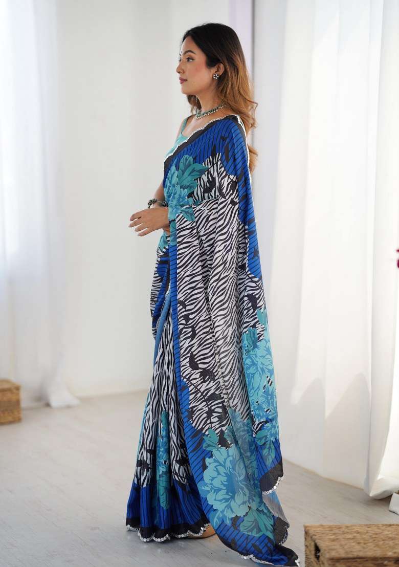 Multicolor Chinon Saree Set with Printed for Diwali | Wedding & Festive Wear - Indya