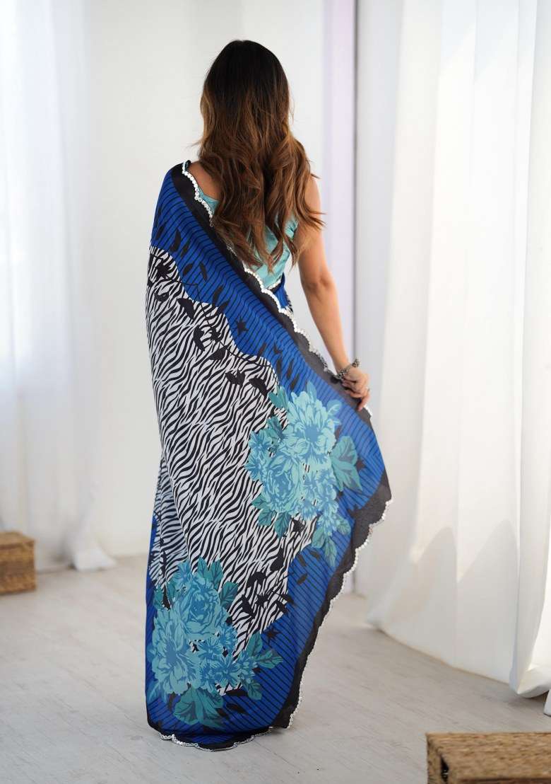 Multicolor Chinon Saree Set with Printed for Diwali | Wedding & Festive Wear - Indya