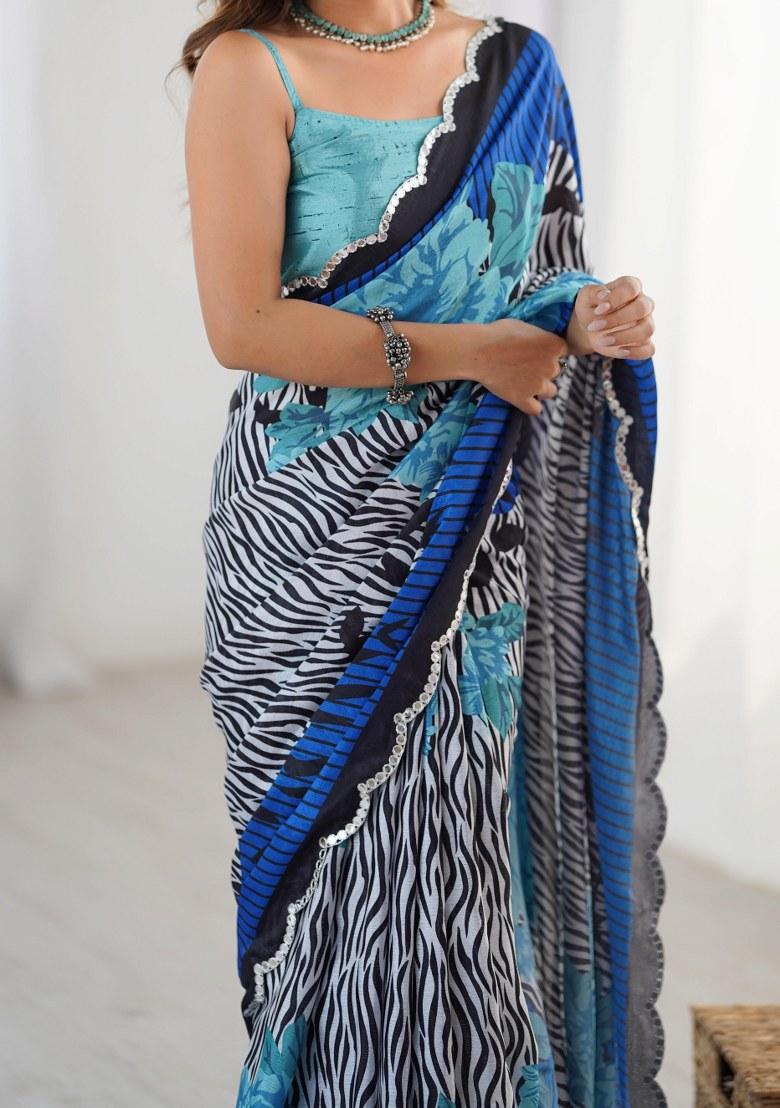 Multicolor Printed Chinon Saree Set - Indya