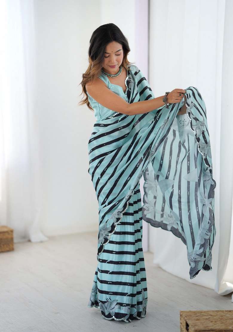 Multicolor Printed Chinon Saree Set for Diwali and Festive Wear - Indya