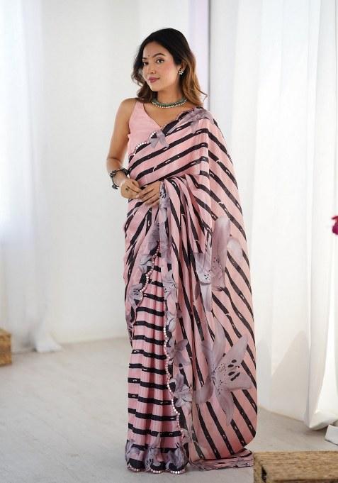 Multicolor Printed Chinon Saree Set