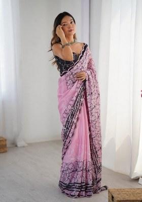 Multicolor Printed Chinon Saree Set