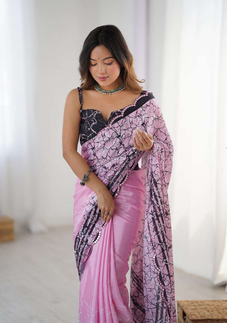 Multicolor Printed Chinon Saree Set for Diwali and Festive Wear - Indya
