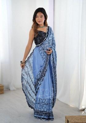 Multicolor Printed Chinon Saree Set