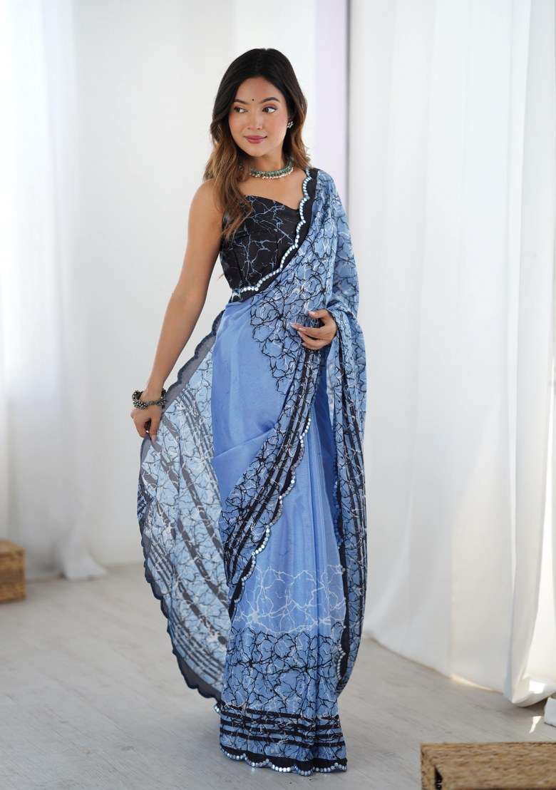 Multicolor Chinon Saree Set with Printed for Diwali | Wedding & Festive Wear - Indya