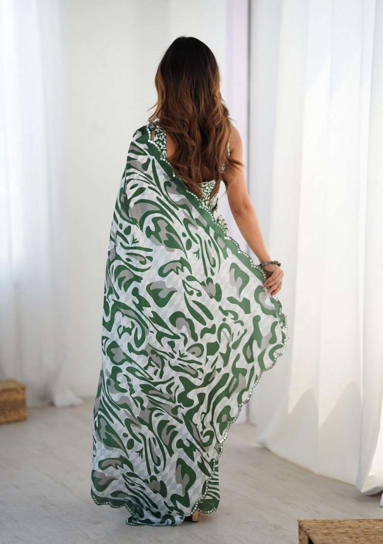 Multicolor Printed Chinon Saree Set for Diwali and Festive Wear - Indya