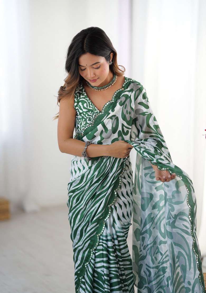 Multicolor Printed Chinon Saree Set for Diwali and Festive Wear - Indya