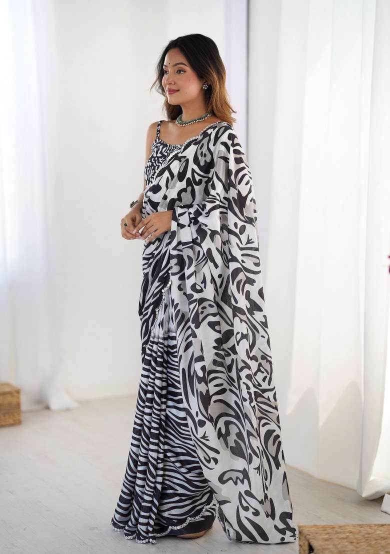 Multicolor Chinon Saree Set with Printed for Diwali | Wedding & Festive Wear - Indya