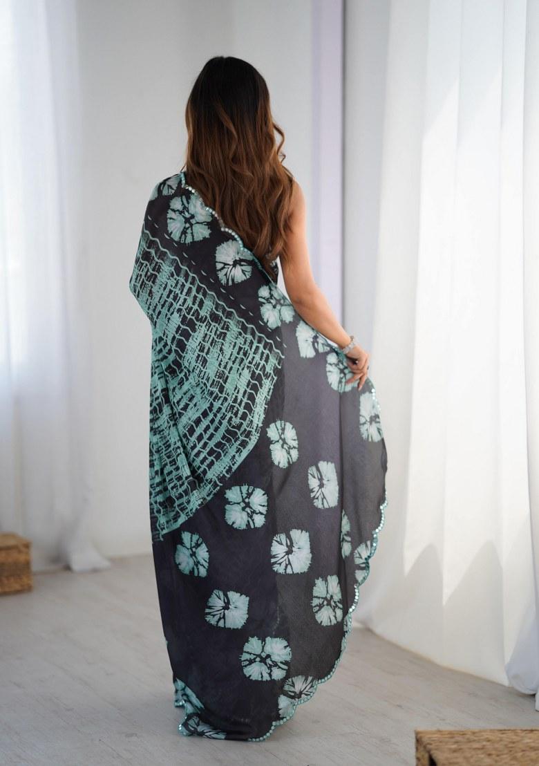 Multicolor Printed Chinon Saree Set