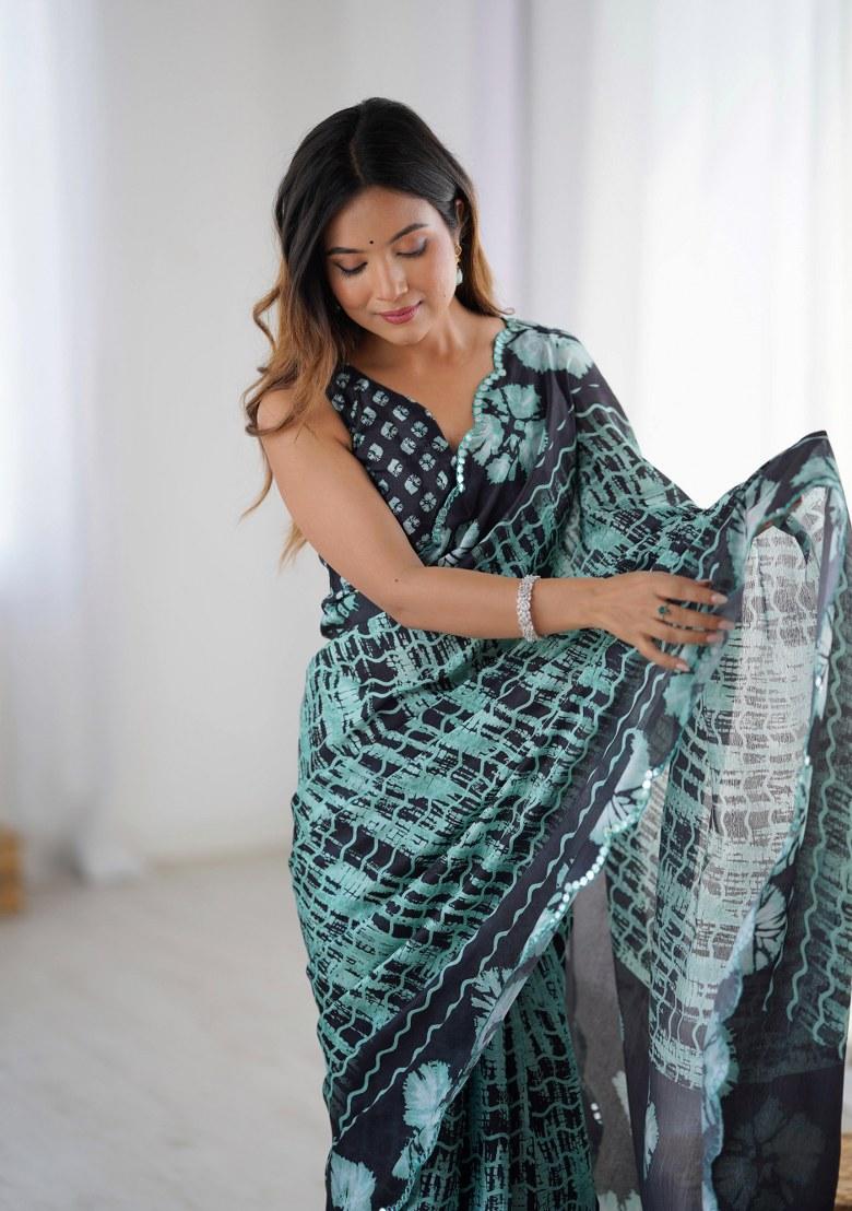 Multicolor Printed Chinon Saree Set