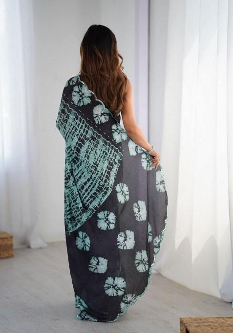 Multicolor Printed Chinon Saree Set