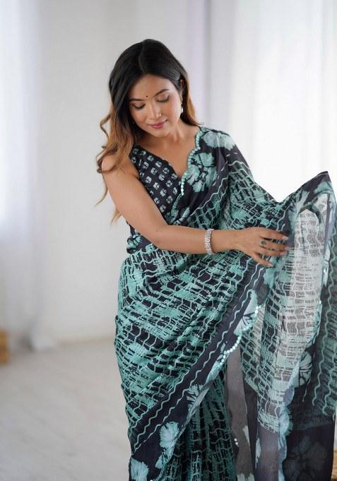 Multicolor Printed Chinon Saree Set