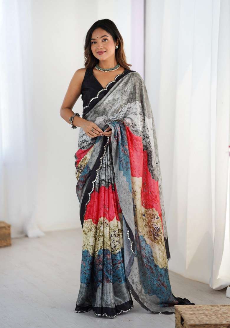 Multicolor Chinon Saree Set with Printed for Diwali | Wedding & Festive Wear - Indya