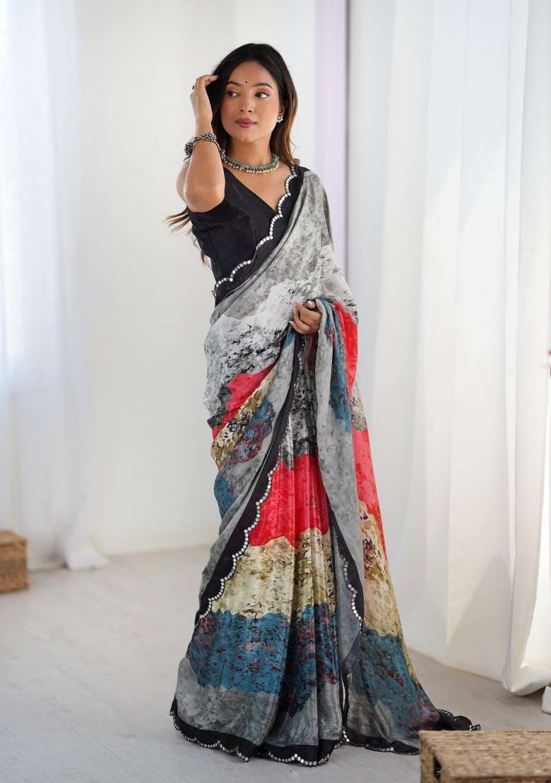 Multicolor Chinon Saree Set with Printed for Diwali | Wedding & Festive Wear - Indya