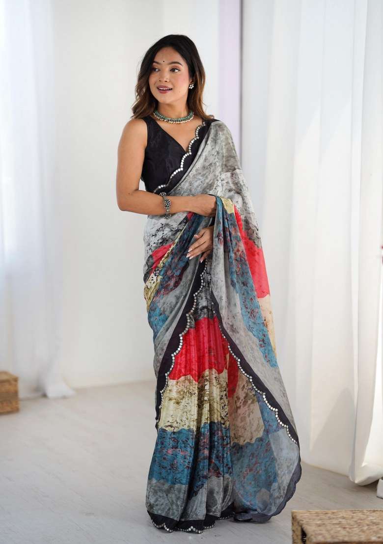 Multicolor Chinon Saree Set with Printed for Diwali | Wedding & Festive Wear - Indya