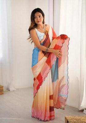 Multicolor Printed Chinon Saree Set