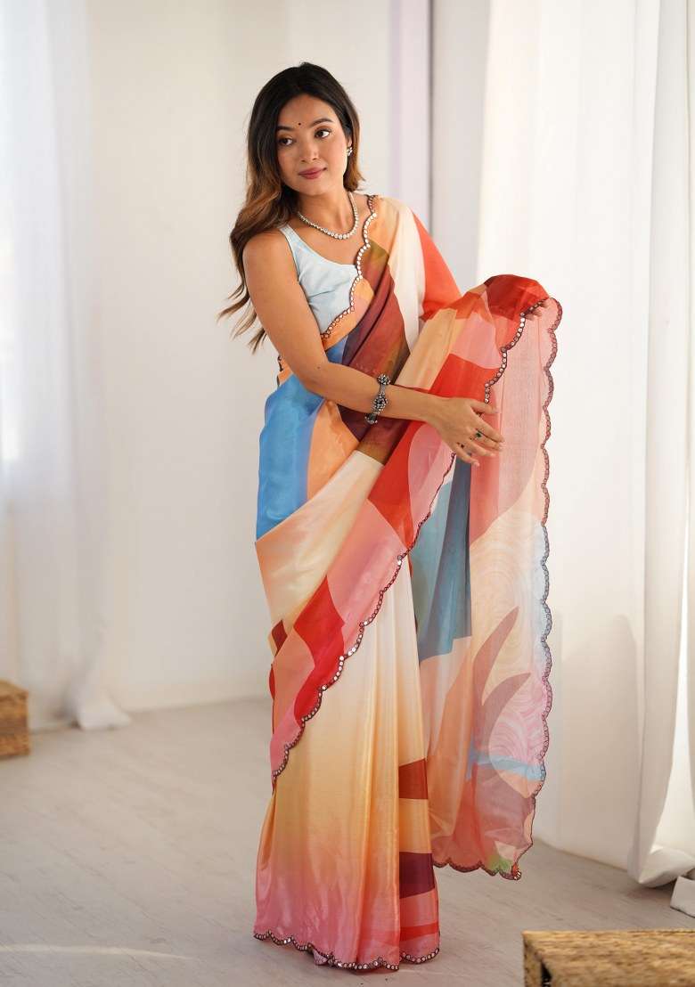 Multicolor Printed Chinon Saree Set for Diwali and Festive Wear - Indya